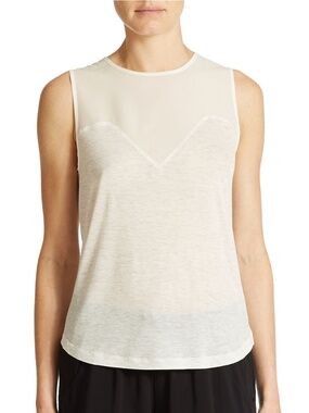 French Connection Ivory Sleeveless Blouse M Sheer Mesh Yoke Tank NWT